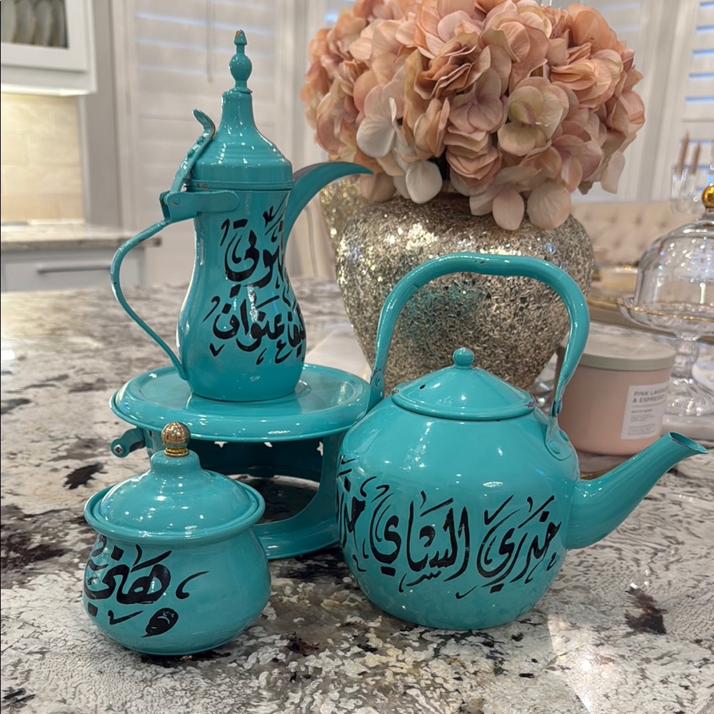 Blue Coffee & Tea Accessories Set with Ornate Design